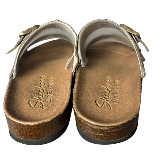 Skechers Women's 9 Double Buckle Faux Leather Slide Sandals Taupe Comfort Foam‎ - Picture 3 of 7